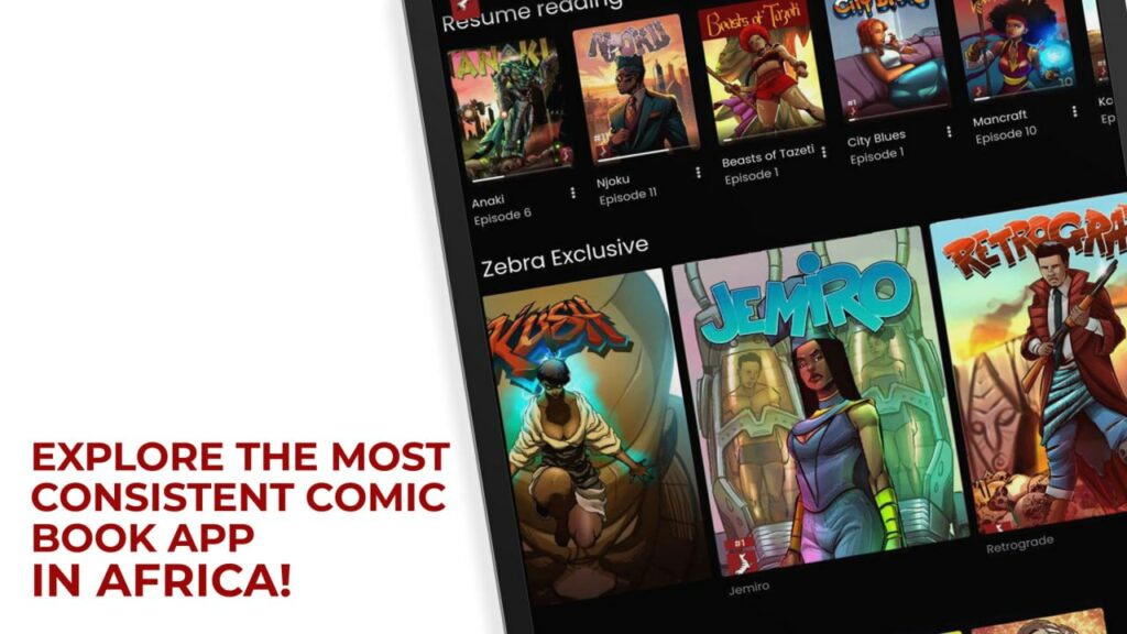 Image of Zebra Comics catalogue on tablet view.