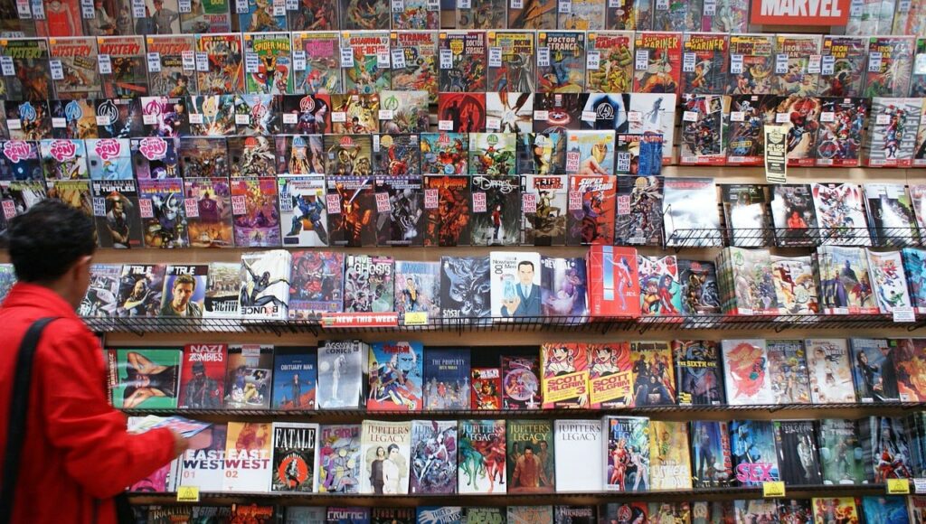 Comics books in a comic book store on the Zebra Comics blog