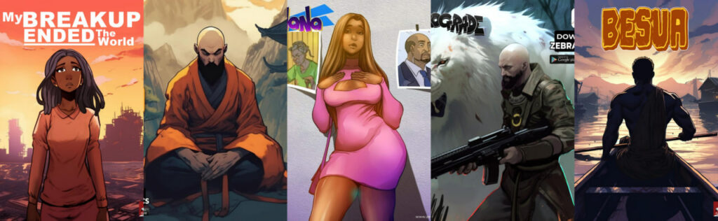 Cover image of Zebra Comics titles that include: My Breakup Ended the world, Damo, Kawana, Retrograde, and Besua