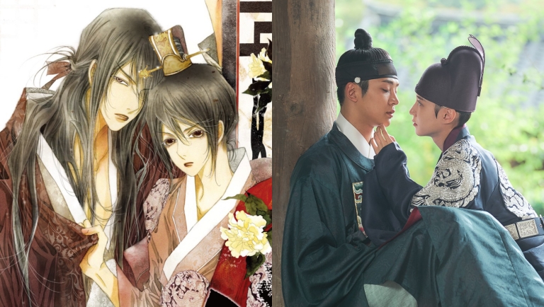 Side-by-side comparison showing a panel from the webtoon 'The King's Affection' alongside a corresponding scene from the K-drama adaptation.