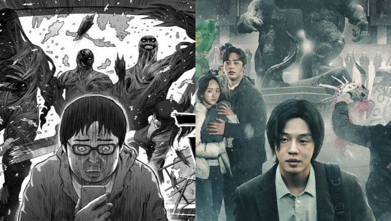 A side-by-side comparison of a dramatic scene from the Hellbound webtoon and its equivalent shot in the Netflix series.