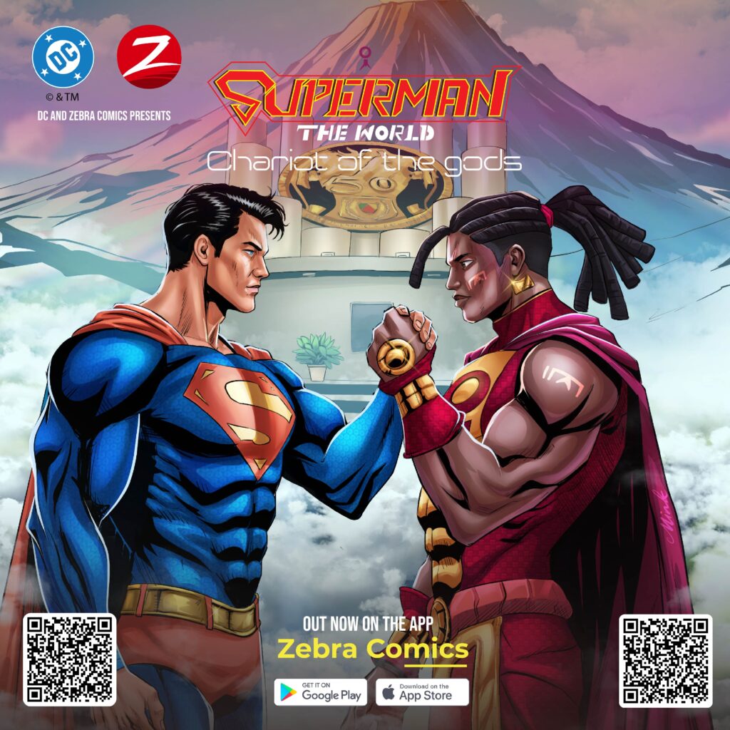 Superman logo with 'The World' title, promotional artwork for the new Zebra Comics series. Download links for Google Play and App Store shown at the bottom.