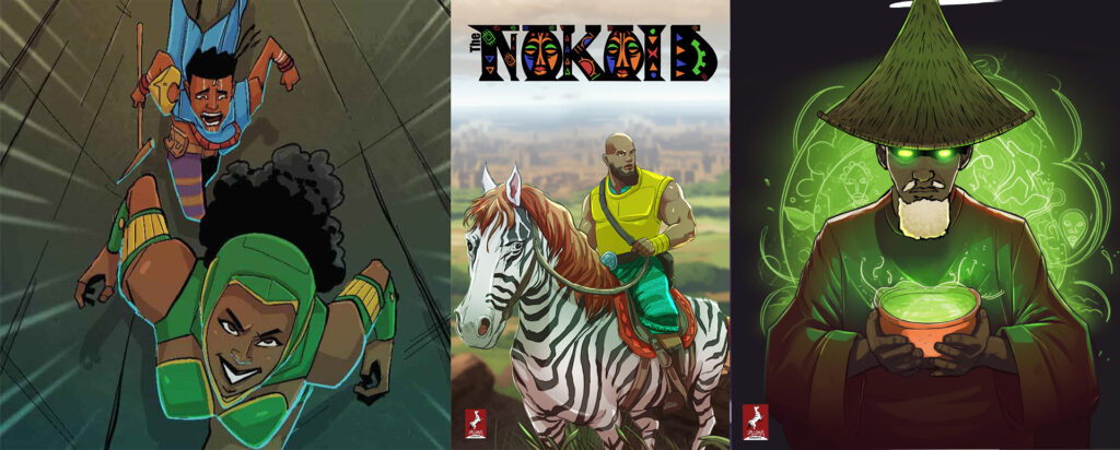 Stylized art of “Beasts of Tazeti,” showing warriors from five African-inspired clans